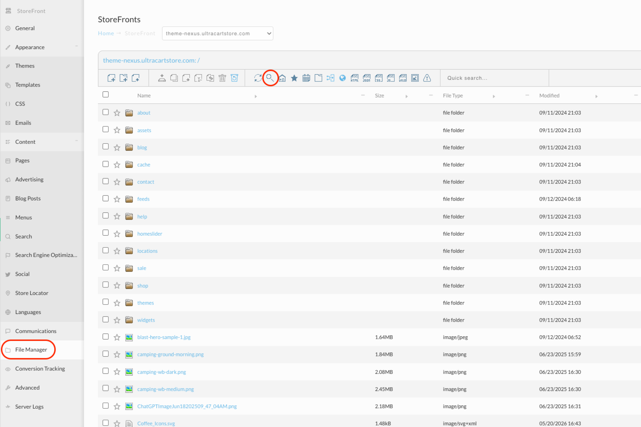 The File Manager toolbar for a StoreFront host, with the search icon circled among the other toolbar buttons