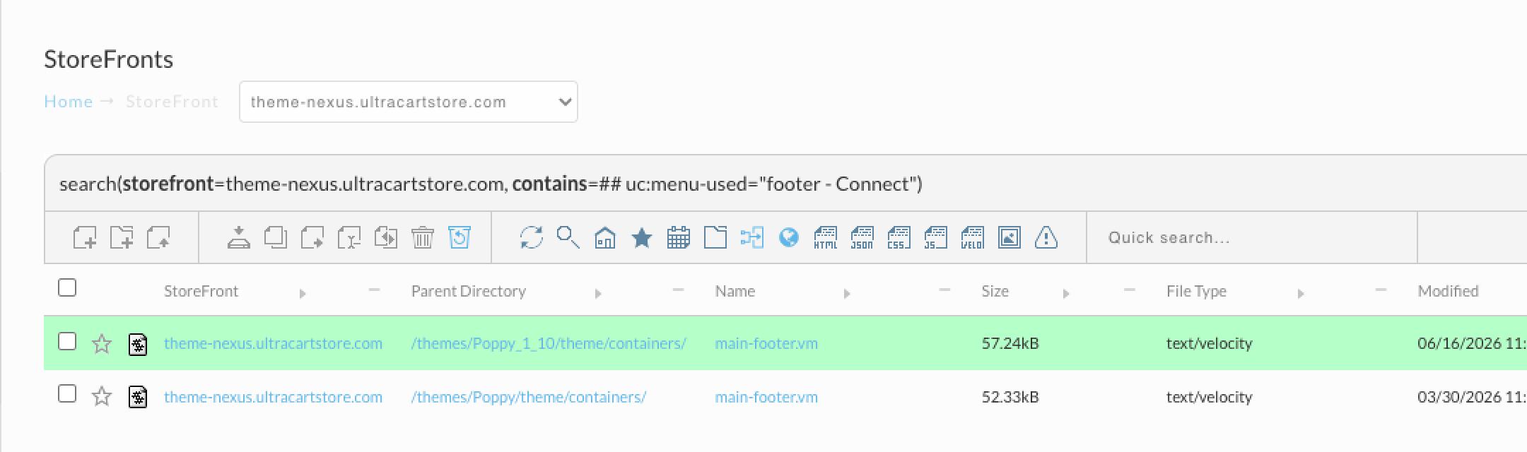File Manager search results listing two main-footer.vm files that use the footer - Connect menu, one under themes/Poppy_1_10 highlighted green and one under themes/Poppy not highlighted