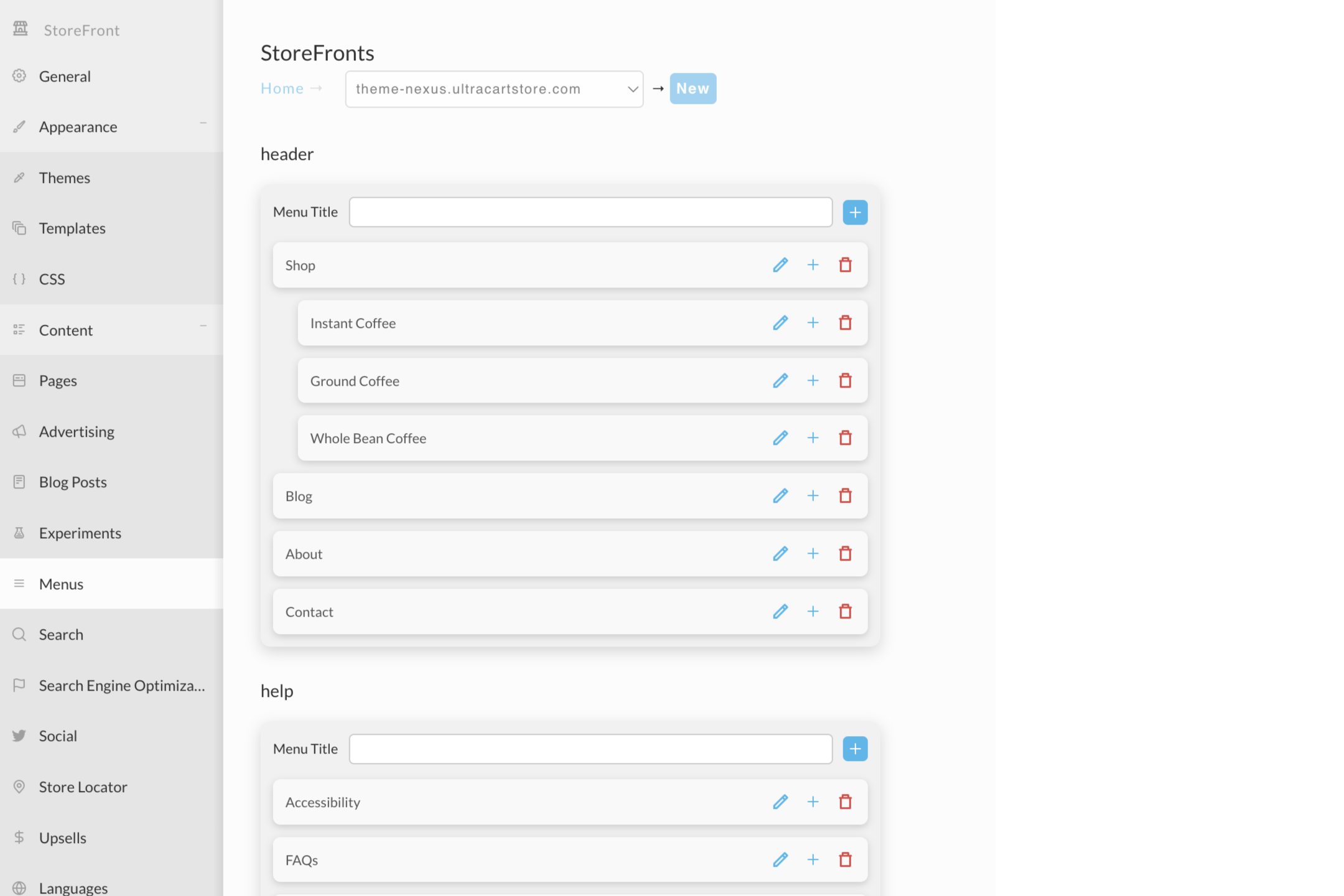 The StoreFronts admin Menus page for a store host, listing the header menu's items with pencil, plus, and trashcan icons for each