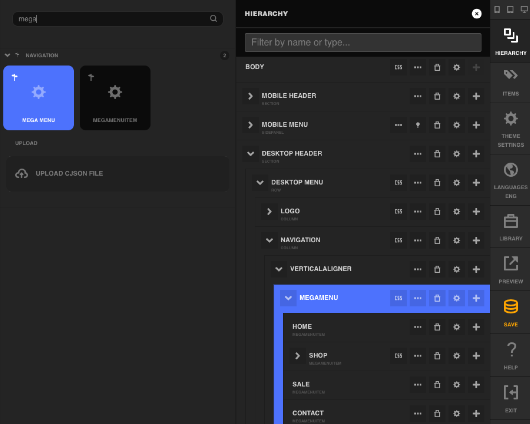 Add Element search results for "mega" in Visual Builder, showing Mega Menu and MegaMenuItem as the two matching elements, alongside the hierarchy tree showing a Mega Menu element already added with Home, Shop, Sale, and Contact Mega Menu Items nested inside it