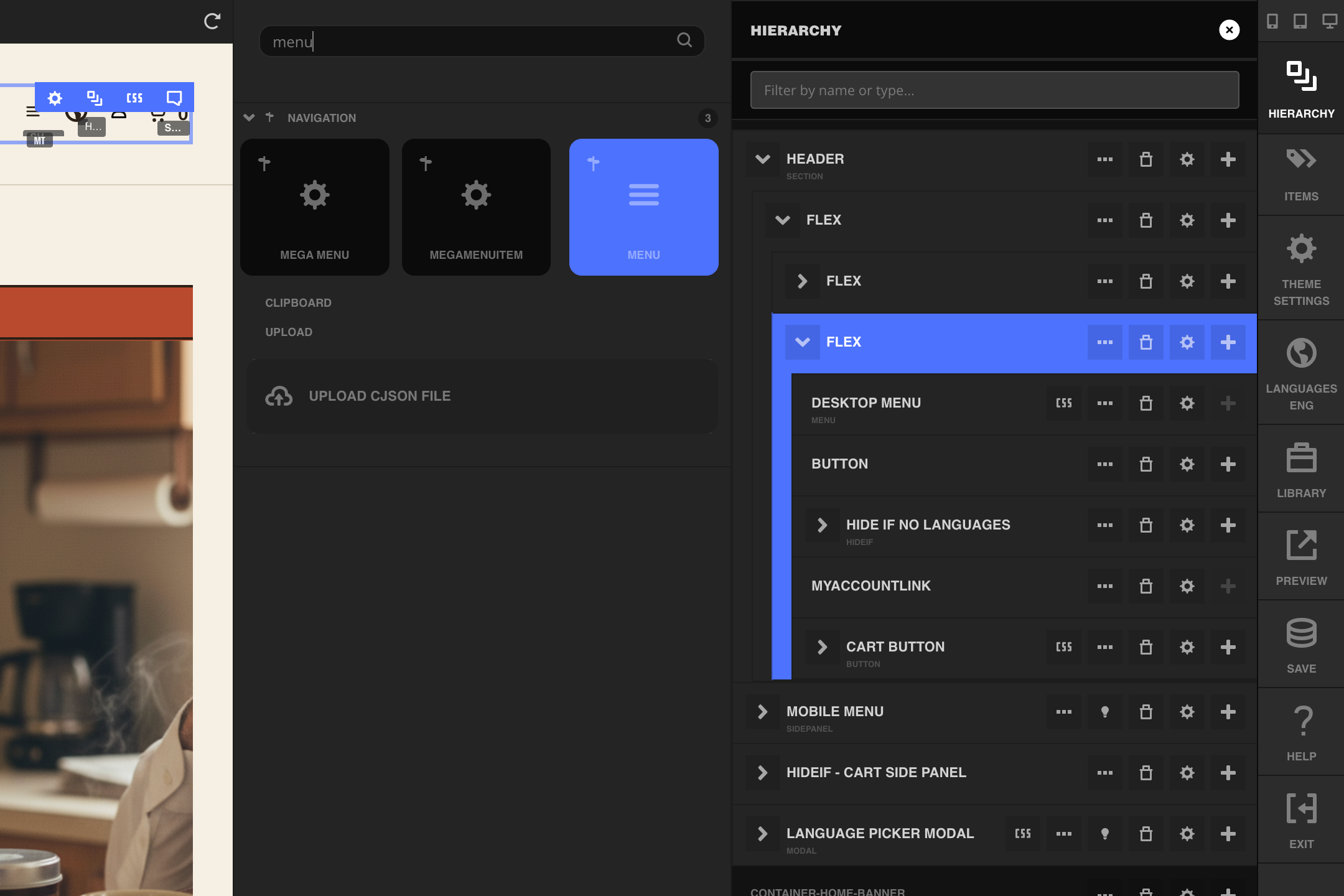 Add Element search results for "menu" in Visual Builder, with the Menu element highlighted next to Mega Menu and MegaMenuItem, and the header's hierarchy tree open alongside it