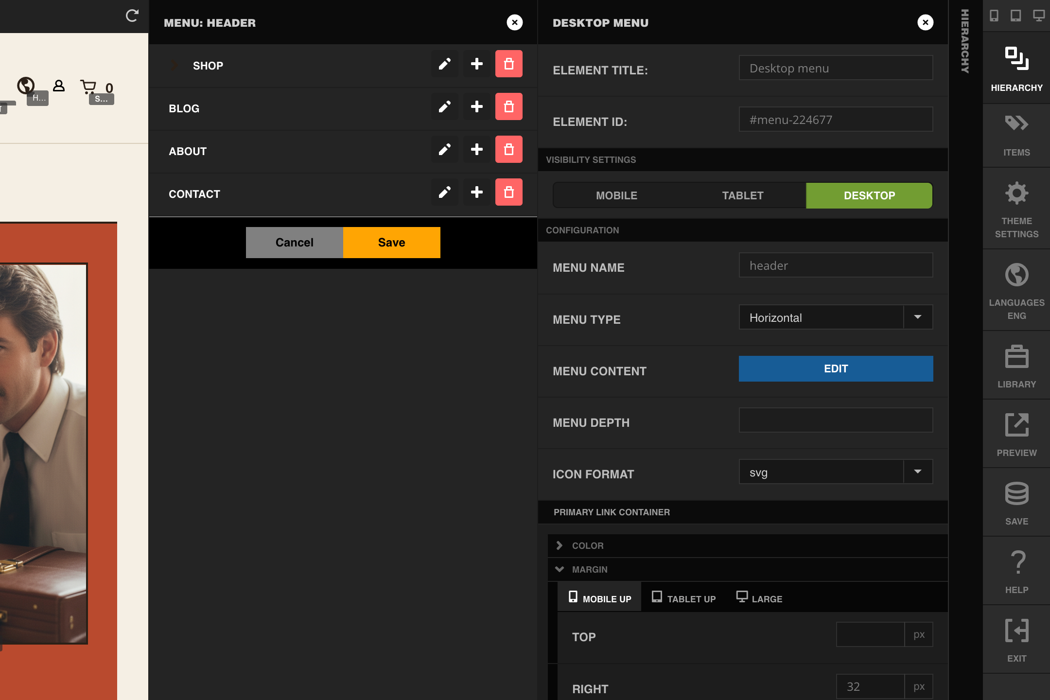 The Menu Content editor listing the header menu's top-level items (Shop, Blog, About, Contact), each with pencil, plus, and trashcan icons