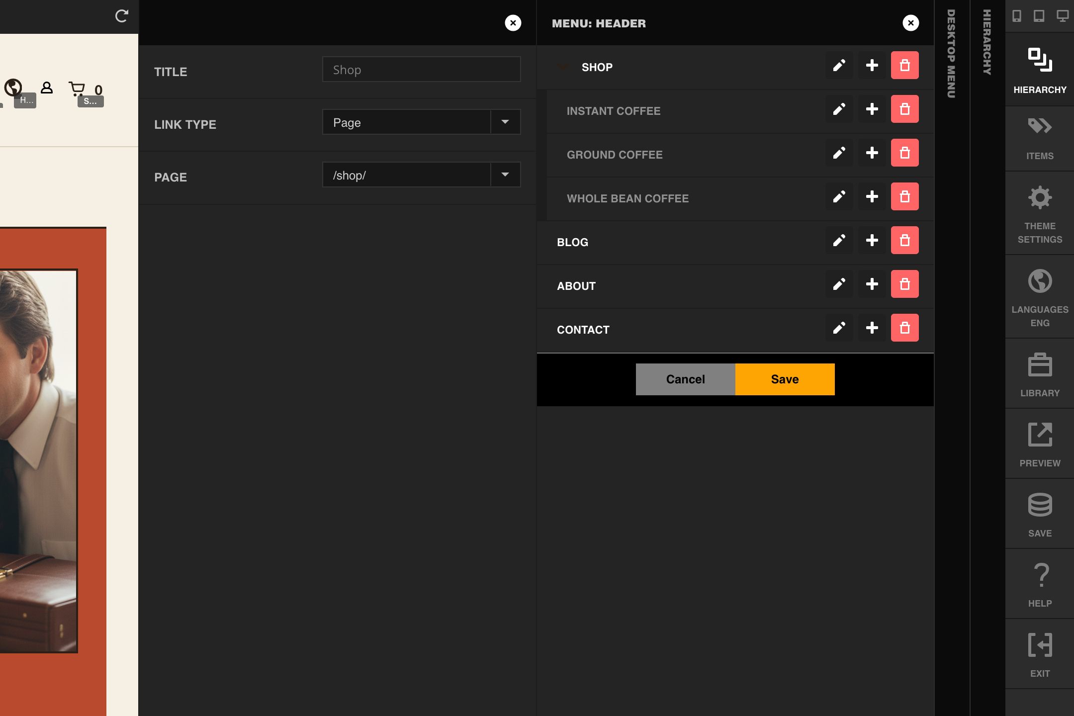 The Shop item expanded to show its submenu items, with the Title, Link Type, and Page fields open for editing
