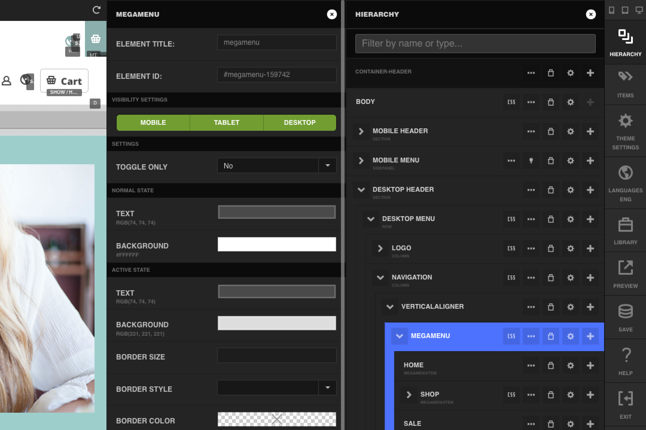 The Mega Menu element's settings panel, showing Element Title, Element ID, Visibility Settings for Mobile, Tablet, and Desktop, Toggle Only, and Normal State and Active State colors, alongside the hierarchy tree showing the MegaMenu element selected under Verticalaligner, with Home, Shop, and Sale items beneath it