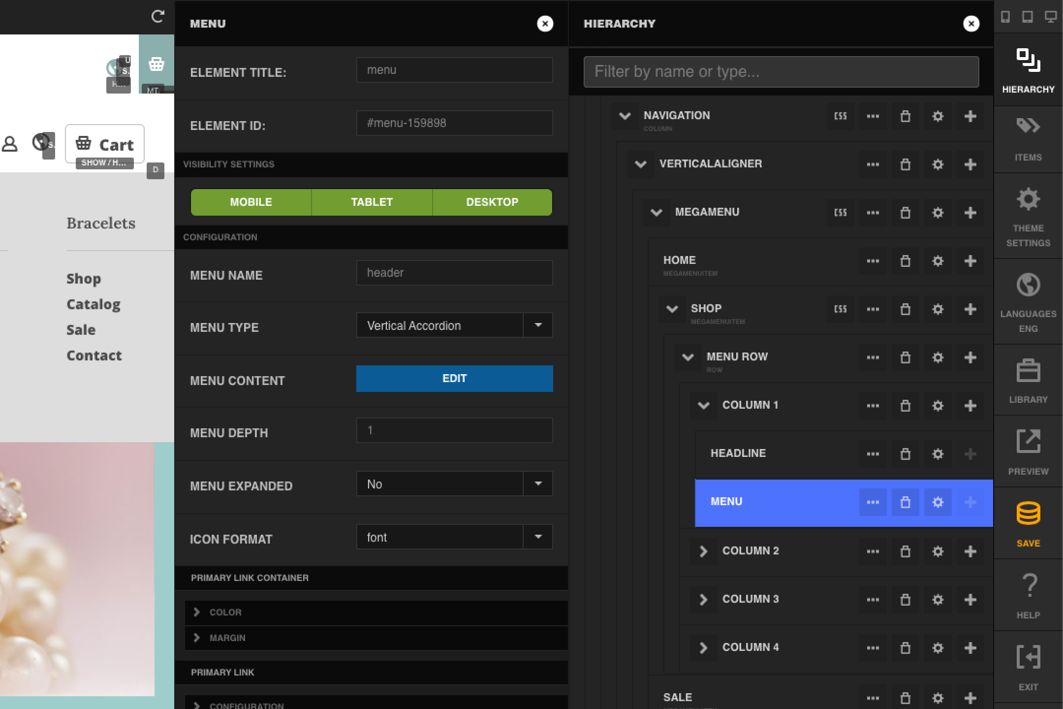 The Menu element's settings panel for one column of a Mega Menu Item's content, showing Menu Name, Menu Type set to Vertical Accordion, and Menu Content, alongside the hierarchy tree showing the Menu element nested under Column 1, inside a Menu Row, inside the Shop Mega Menu Item