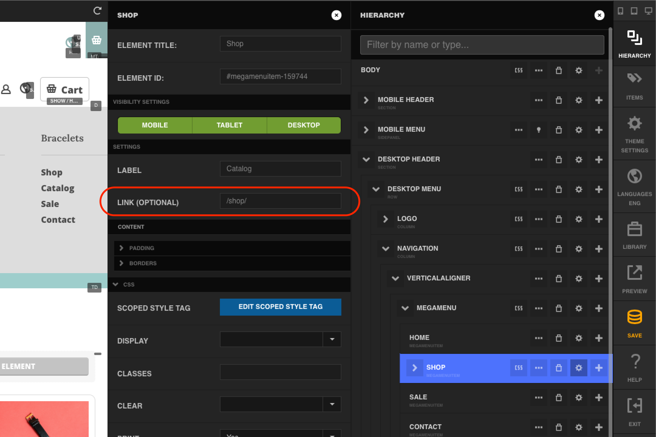 A Mega Menu Item's settings panel, with the Link field circled showing /shop/, alongside the hierarchy tree showing Home, Shop, Sale, and Contact Mega Menu Items nested inside the Mega Menu element