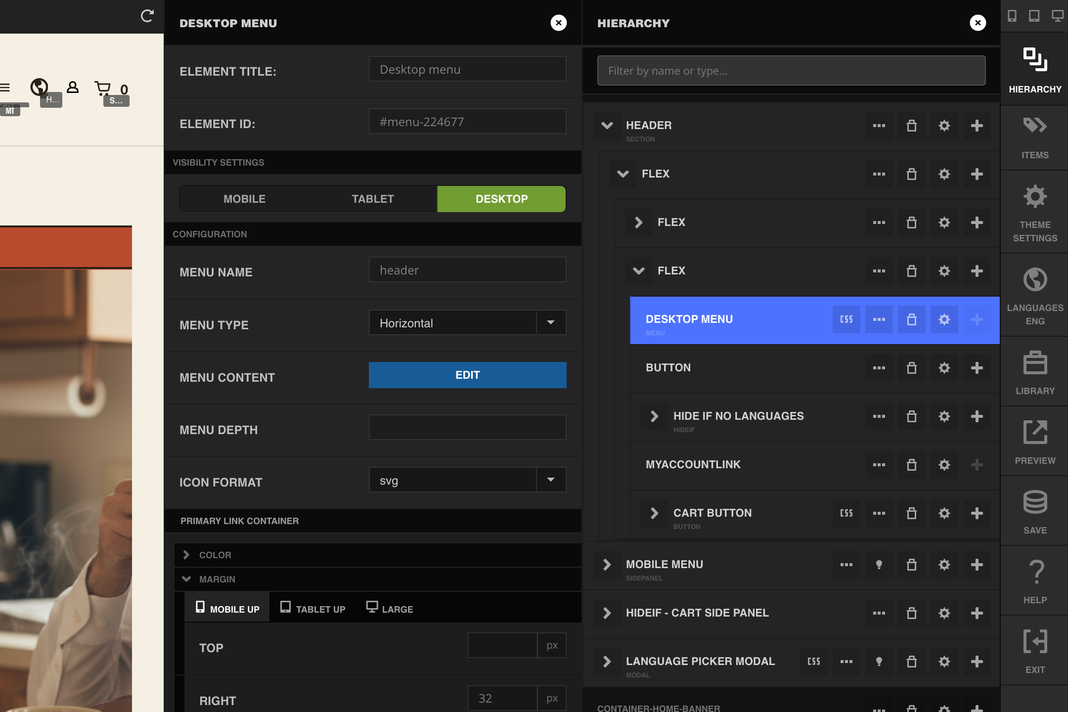 The Menu element's settings panel, showing Element Title, Visibility Settings, Menu Name, Menu Type, and the Menu Content Edit button