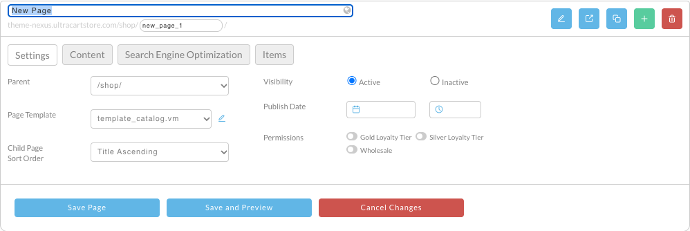 A new page added under Shop, with its title selected, the address new_page_1, and the Settings tab showing Parent, Page Template, Child Page Sort Order, Visibility, Publish Date, and Permissions.