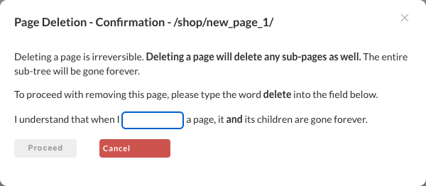 The Page Deletion confirmation dialog for /shop/new_page_1/, warning that deleting a page also deletes its sub-pages, with a box to type the word delete.