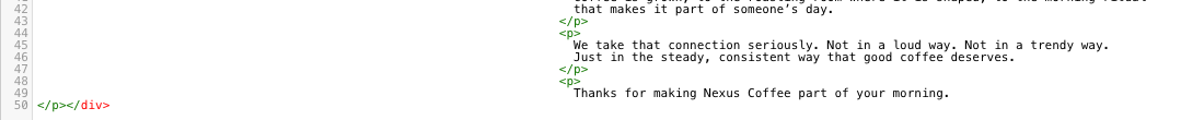 The code editor in full screen, with a stray closing div tag on the last line shown in red.