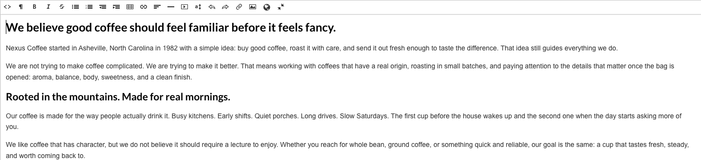 The WYSIWYG editor in full screen, with its formatting toolbar above the About page's headings and paragraphs.