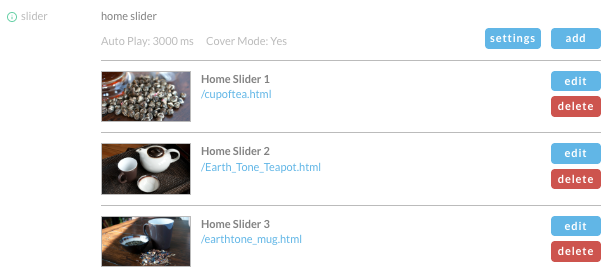 The home slider setting, showing Auto Play 3000 ms and Cover Mode Yes, the settings and add buttons, and three slides, each with a thumbnail, a link, and edit and delete buttons.