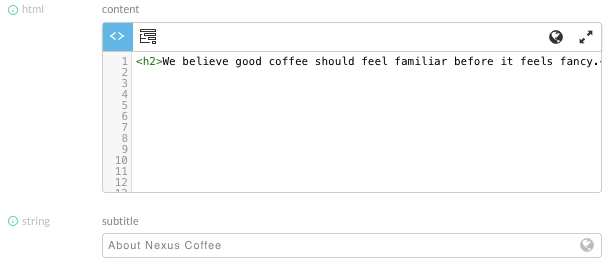 The Content tab of the About page, showing an html setting named content in the code editor and a string setting named subtitle.