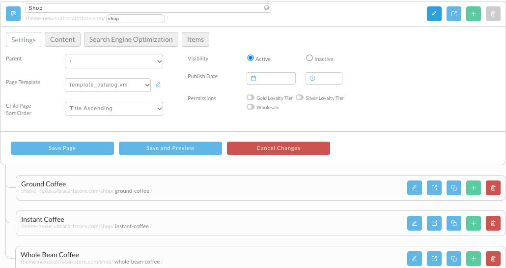 The Shop page editor on the Settings tab, with its three child pages listed underneath.