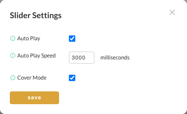 The Slider Settings dialog with Auto Play checked, Auto Play Speed set to 3000 milliseconds, and Cover Mode checked.