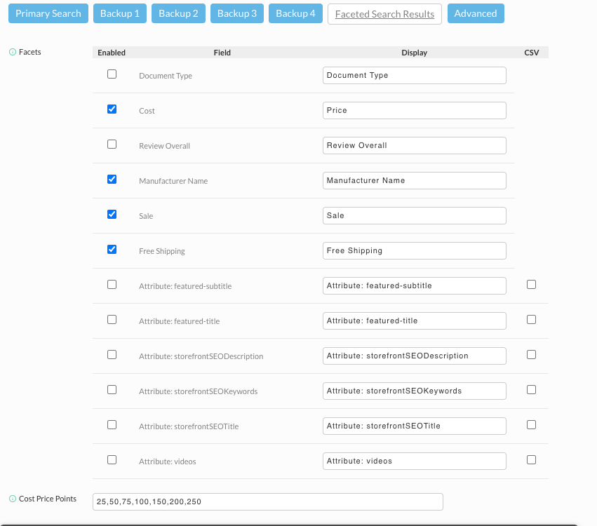 The Faceted Search Results tab, showing the facet list, the editable Display column with Cost relabeled to Price, a CSV column on the attribute rows, and the Cost Price Points field