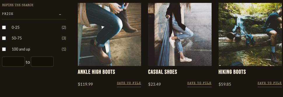 The Footwear category price facet showing three bands, 0-25 (2), 50-75 (3), and 100 and up (1), with the empty 25-50 and 75-100 bands hidden