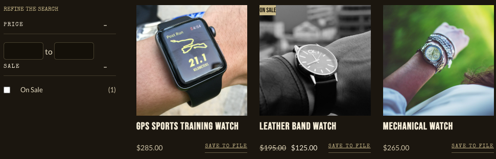 The Watches category price facet showing no band checkboxes, only the minimum and maximum inputs, because every item falls in the 100 and up band