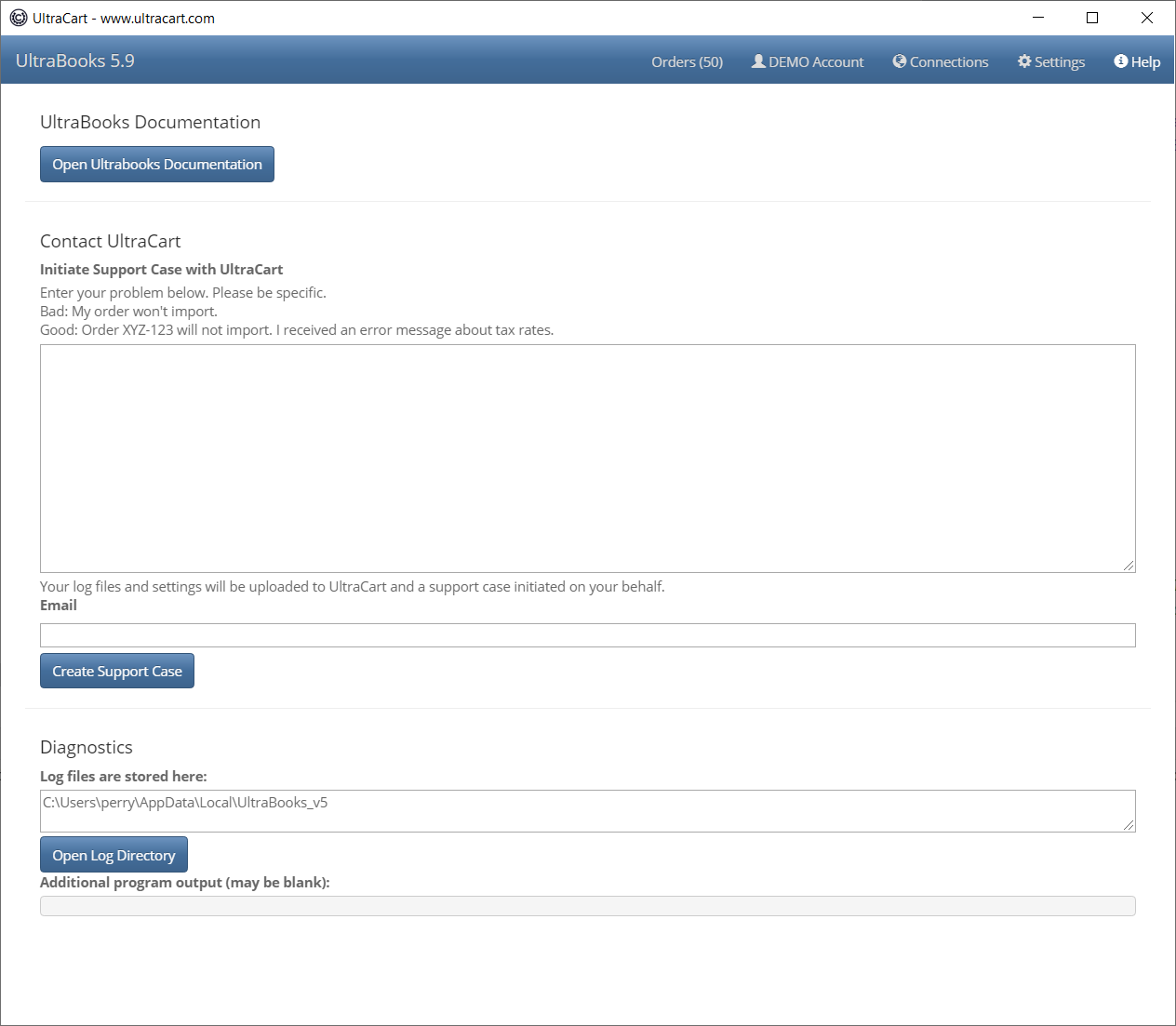UltraBooks Contact UltraCart support case form.