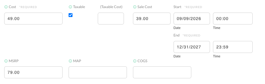 The Item tab pricing block showing Cost, Sale Cost, and MSRP as separate fields