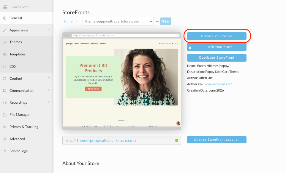 The General tab of a StoreFront, with the Browse Your Store button highlighted
