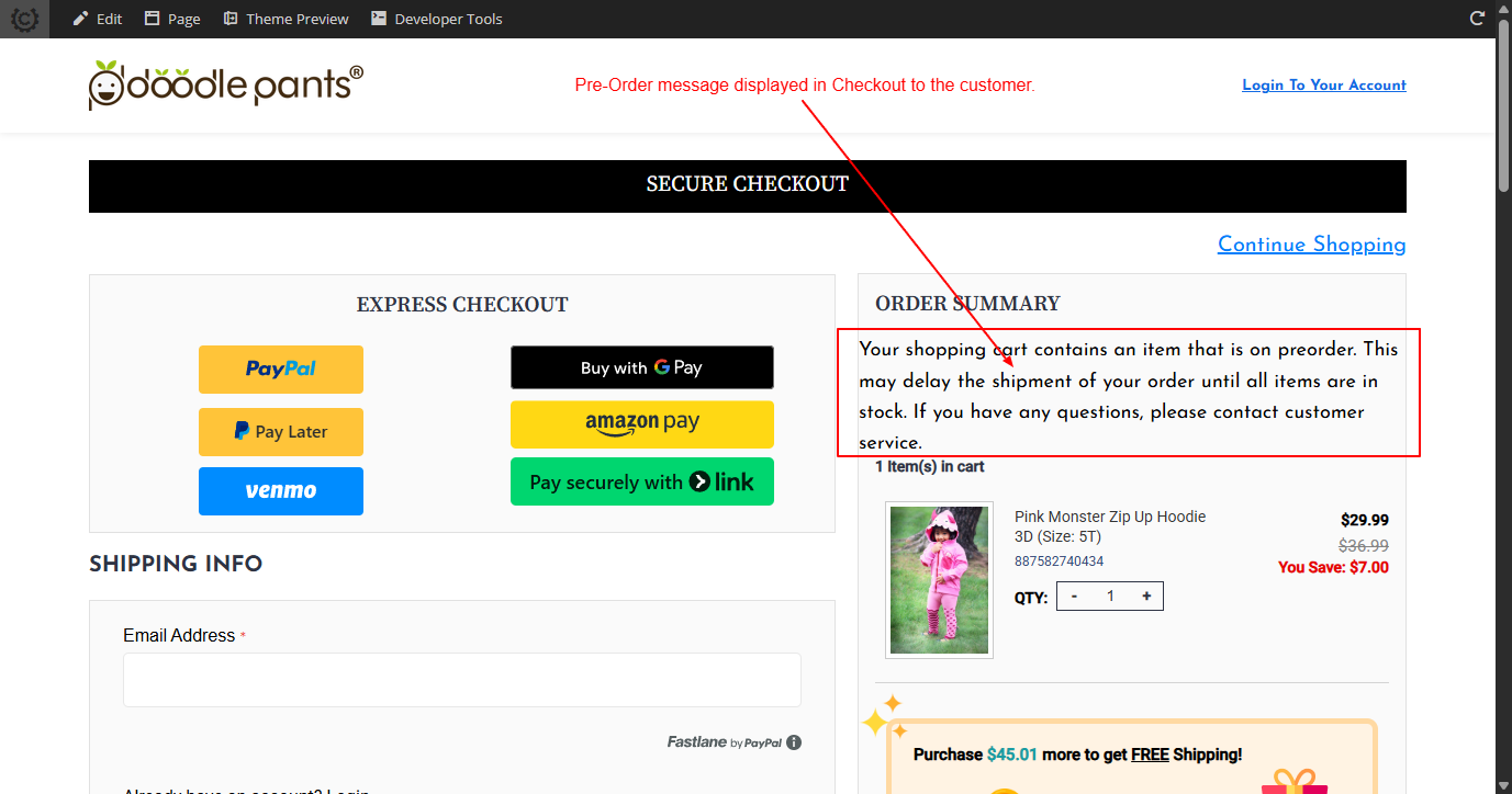 The pre-order notice rendered inside the Order Summary panel of a Single Page Checkout theme, positioned above the cart's item list.