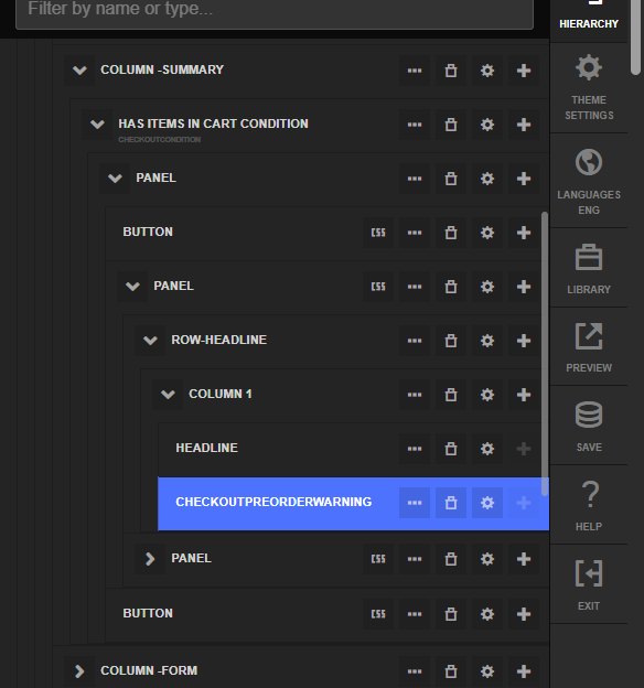 The Theme Editor's Hierarchy panel showing the CHECKOUTPREORDERWARNING element selected and highlighted in blue, nested inside a Row-Headline section of the checkout summary column.