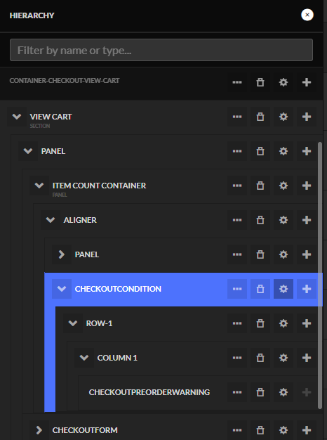 The Theme Editor's Hierarchy panel showing a CHECKOUTCONDITION element selected and highlighted in blue, with CHECKOUTPREORDERWARNING nested two levels below it inside ROW-1 and COLUMN 1.