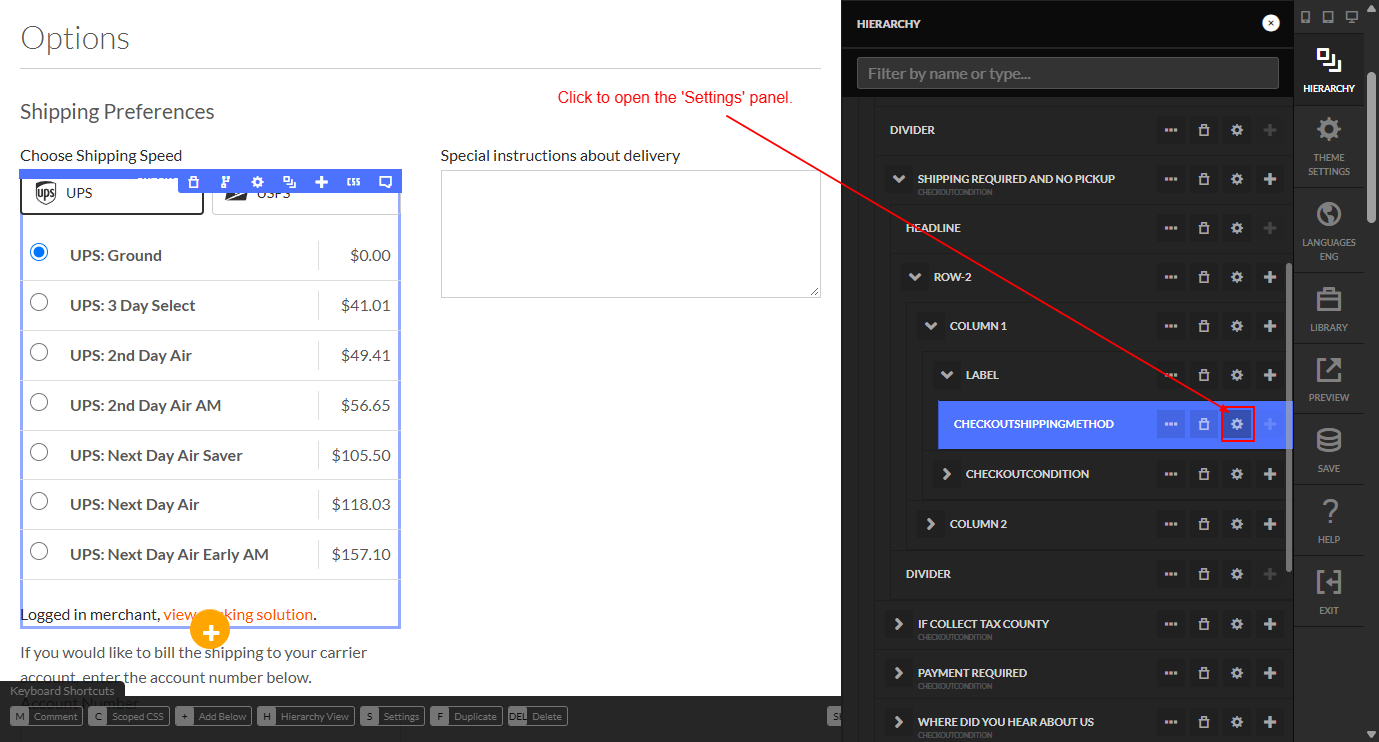 Visual Builder Hierarchy panel showing the CHECKOUTSHIPPINGMETHOD element under Shipping Required and No Pickup.