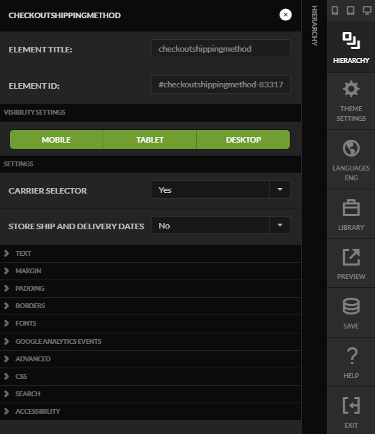 CHECKOUTSHIPPINGMETHOD settings panel with the Carrier Selector option.