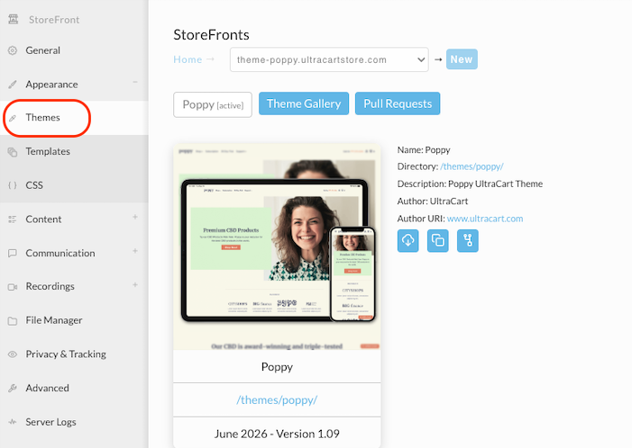 The Themes screen of a StoreFront, with the active Poppy theme shown on the first tab