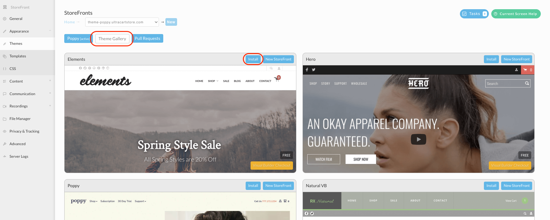 The Theme Gallery tab, showing each theme with an Install and a New StoreFront button