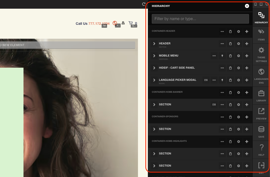 The Visual Editor menu open on the right of the storefront, showing the Hierarchy panel